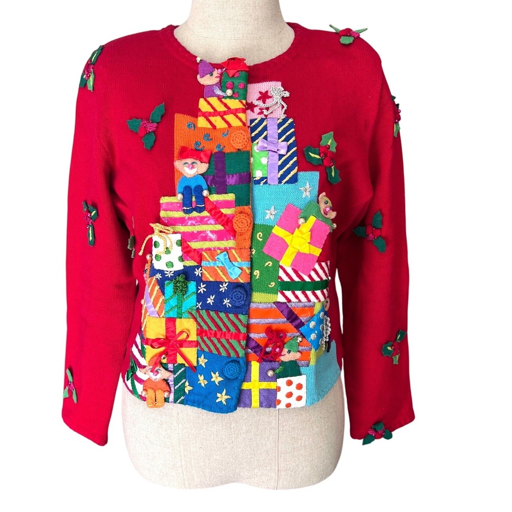 Michael Simon Red Christmas Cardigan Sweater M Holiday Vintage Ugly Festive Y2K